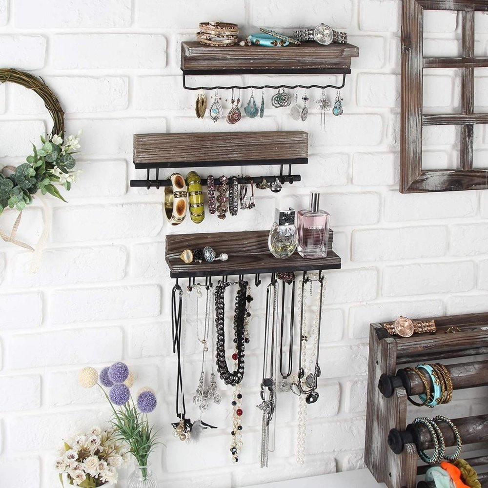 Rustic Wood 3-Piece Wall Mounted Jewelry Rack - Picture 2 of 7